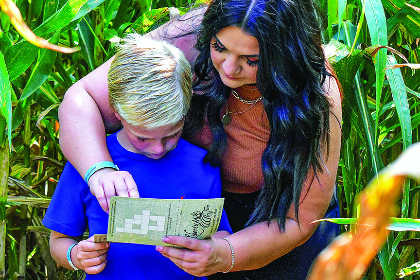 Woman and boy look over a map while inside a corn maze