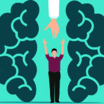 Illustration shows brain and man reaching toward outstretched arm for help