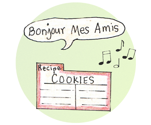 Illustration showing music notes, french words, and a recipe card
