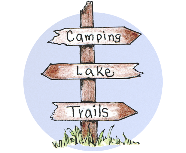 Illustration of directional post with signs for camping, lake and trails