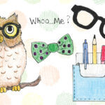 Drawings of an owl, a bow tie, dark glasses and a shirt pocket with a pocket protector and pens
