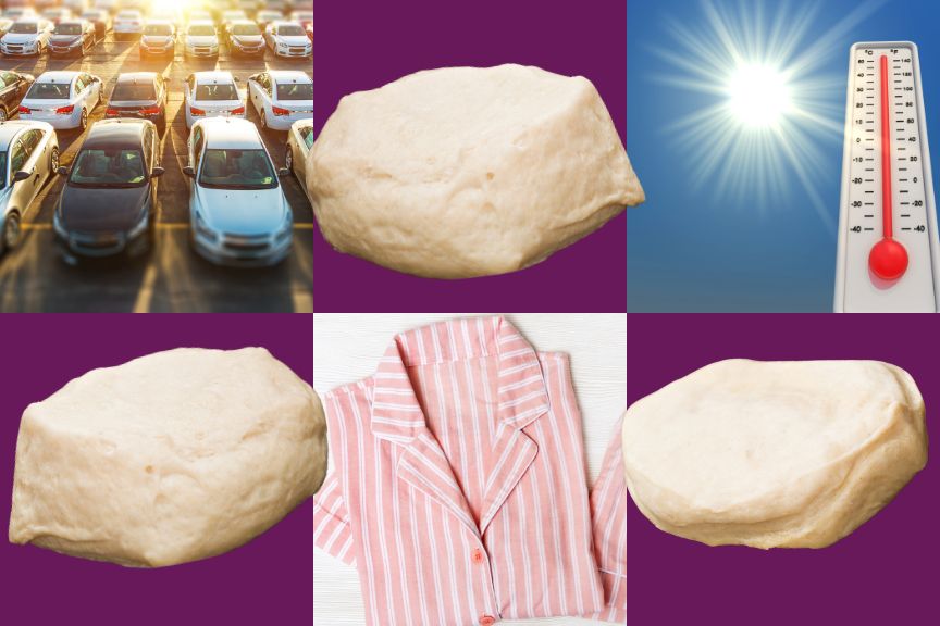 Photo illustration shows parking lot, raw biscuits, pink pajamas and thermometer