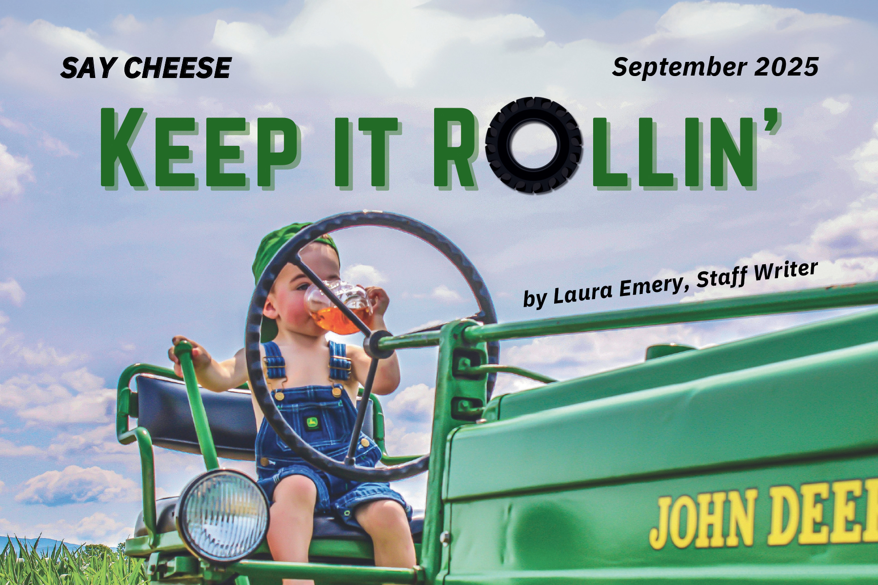 title page for Say Cheese, showing small boy drinking tea while sitting on tractor