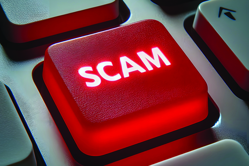 A bright red keyboard button reads "Scam"