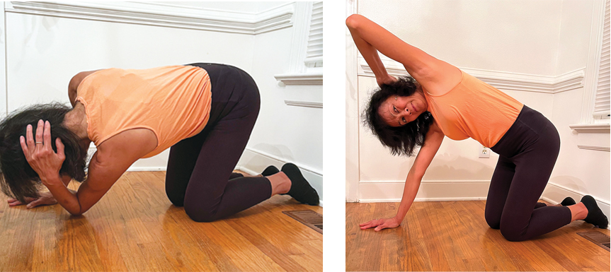 Woman demonstrates quad thoracic stretch