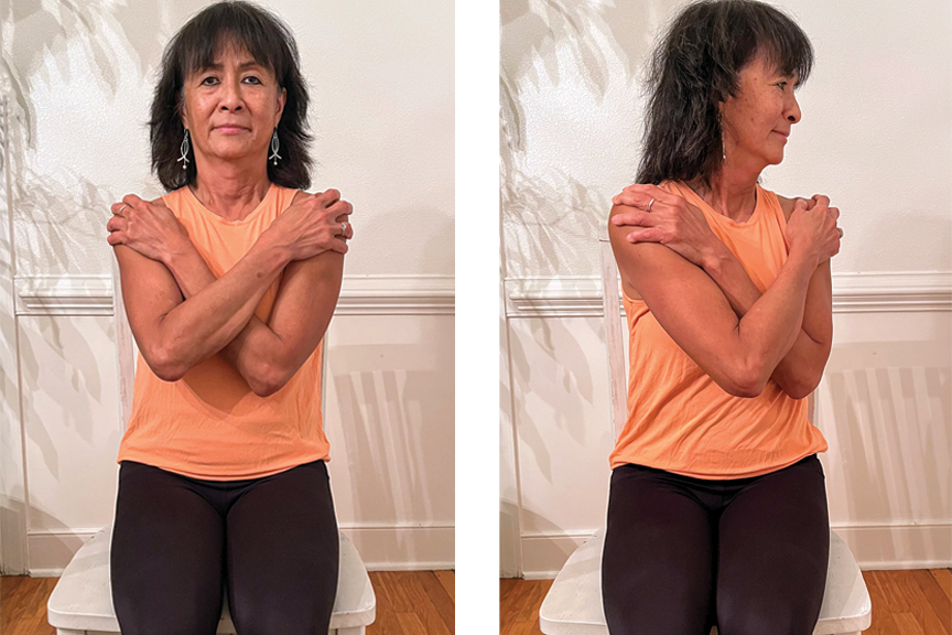 Woman sits in chair with arms crossed over her chest. In next image, she rotates to the side
