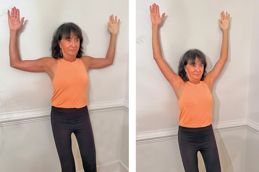 Woman demonstrates wall angels