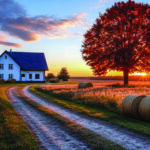 Picturesque farmhouse at sunset in a tranquil rural setting. Hay bales, tree, and a dirt road complete the scene.