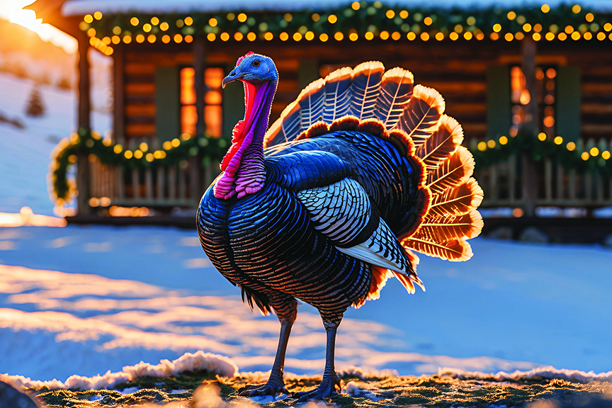 Illustration shows a turkey standing in a snowy field at sunset with a cozy cabin in the background 