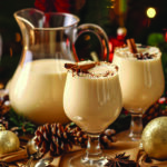 A pitcher and glasses of egg nog among festive decorations