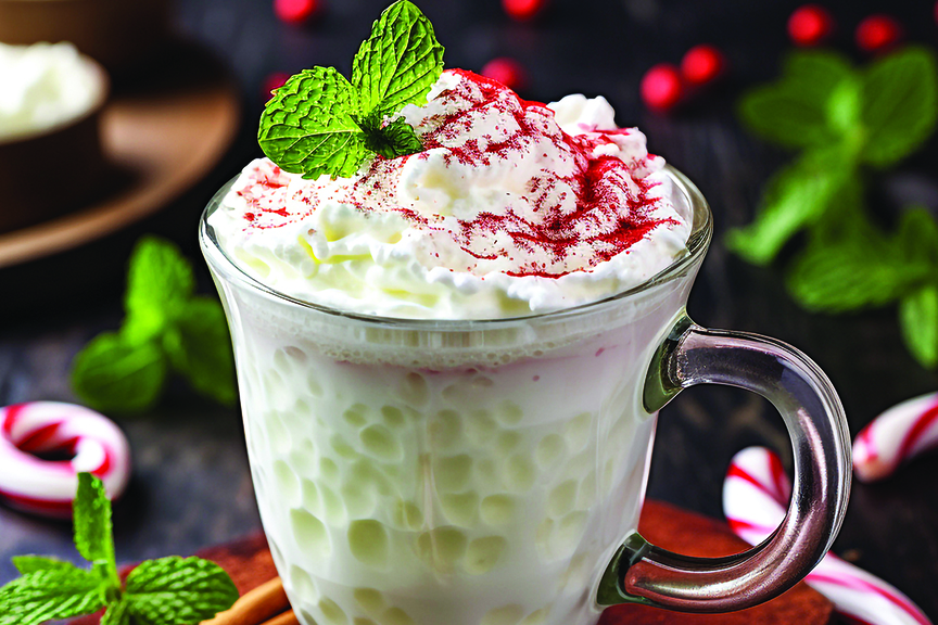 Glass of white creamy beverage 