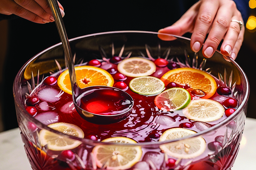 Red holiday beverage in punch bowl 