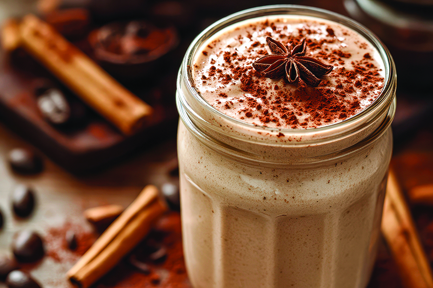 Creamy beverage topped with spices and cocoa in a rustic setting 