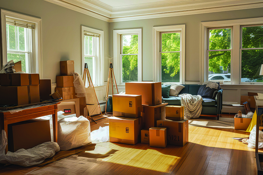 Unfurnished room shown with several moving boxes, bed frame and dresser 