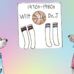 Two drawn mice look at poster showing long white tube socks with stripes at top, popular with athletes in the 1970s and 1980s