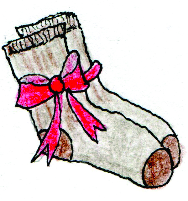 drawing of brown socks wrapped with red bow 