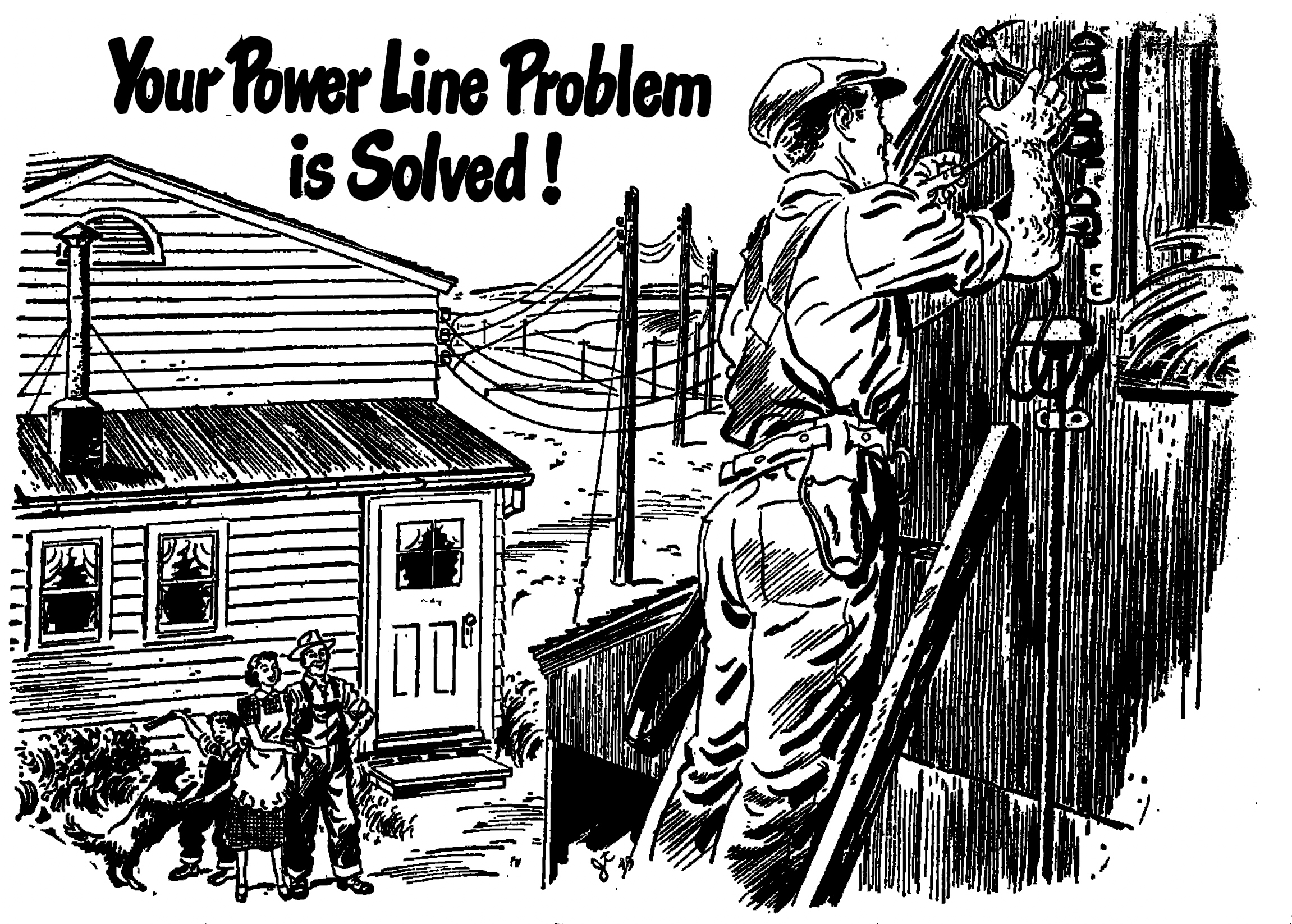 An old newspaper illustration depicting a couple watching a lineworker work on power lines in a rural area