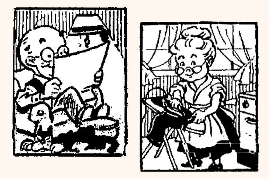 Black and white illustrations from a newspaper showing "Pa" reading a newspaper and "Ma" ironing