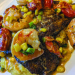 New Orleans-blackened catfish topped with grilled shrimp