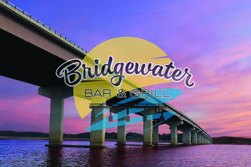 Bridgewater Bar and Grill logo and picture of bridge at sunset