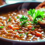 Lentil soup served with side of bread