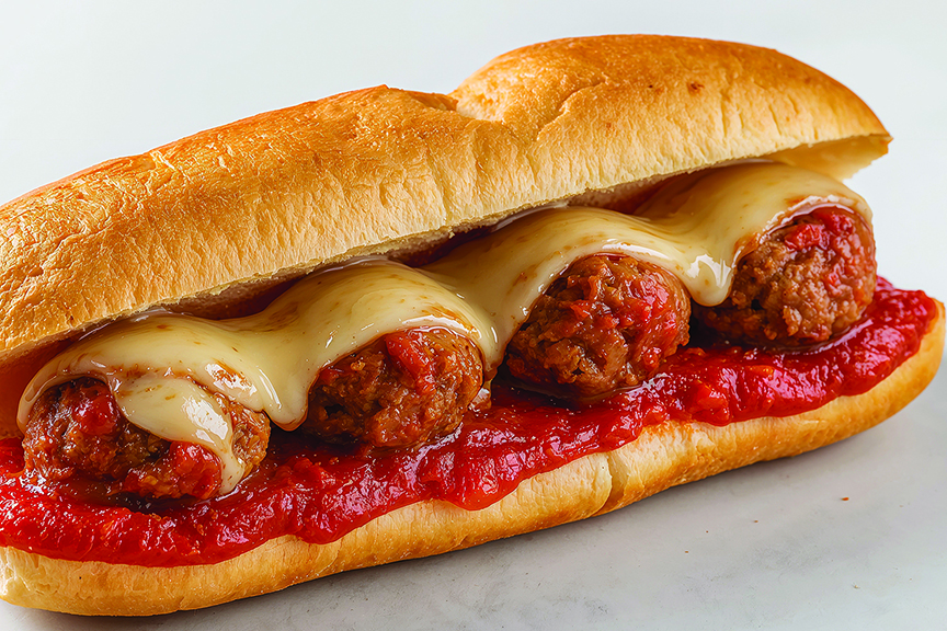 Close-up of meatball sub on white background