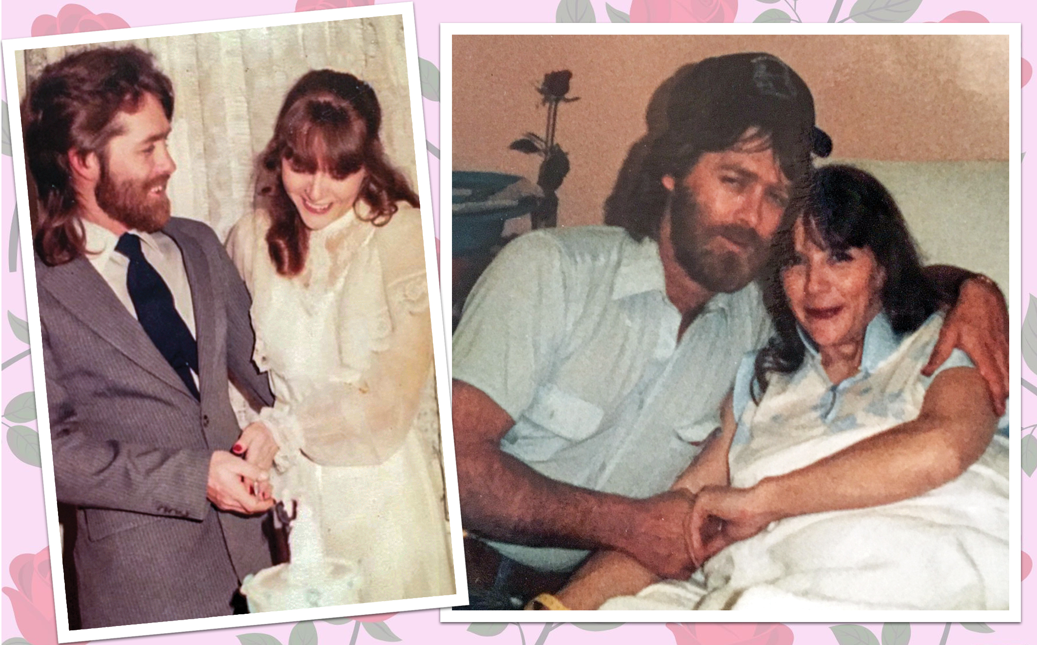 Snapshots of couple on wedding day and in hospital