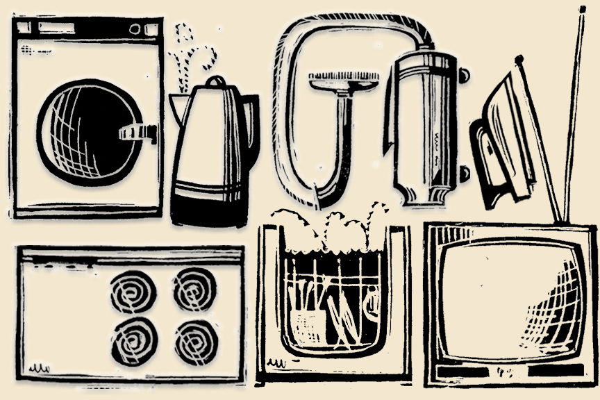 Sketches of 1960s-era appliances