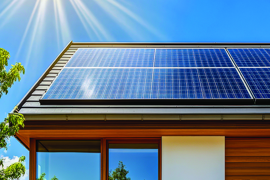 Solar panels on a modern home roof amid bright sunlight 