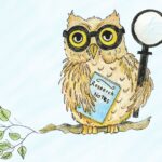 drawing depicting spectacled owl with magnifying glass