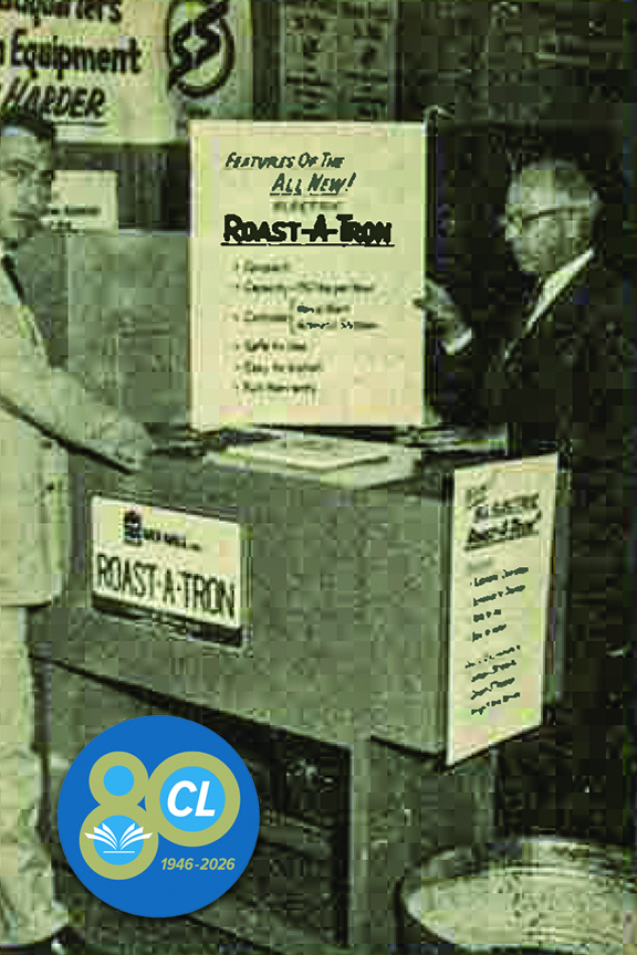 Southern States representatives demonstrate a new product, Roast-A-Tron, for farmers, 1971. 