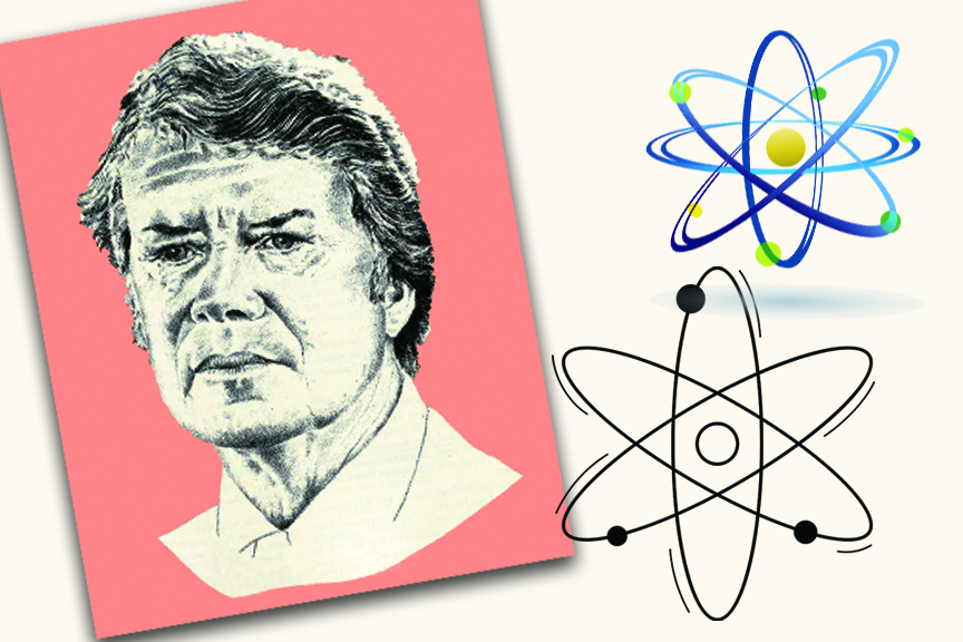 Illustrated portrait of Jimmy Carter and nuclear energy symbols