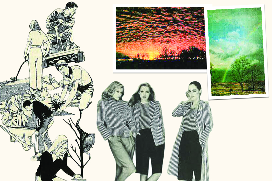 Illustration depicts images of gardening activities, two scenic photo contest entries, and three women modeling 1981 fashion