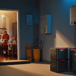 A solar generator is seen in the garage of a home, with an open door showing view of family eating a meal together
