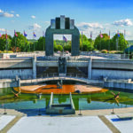 Overview of the National D-Day Memorial and surrounding landscape in Bedford