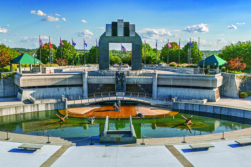 Overview of the National D-Day Memorial and surrounding landscape in Bedford