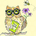Drawing of an owl holding a book titled Bee Notes