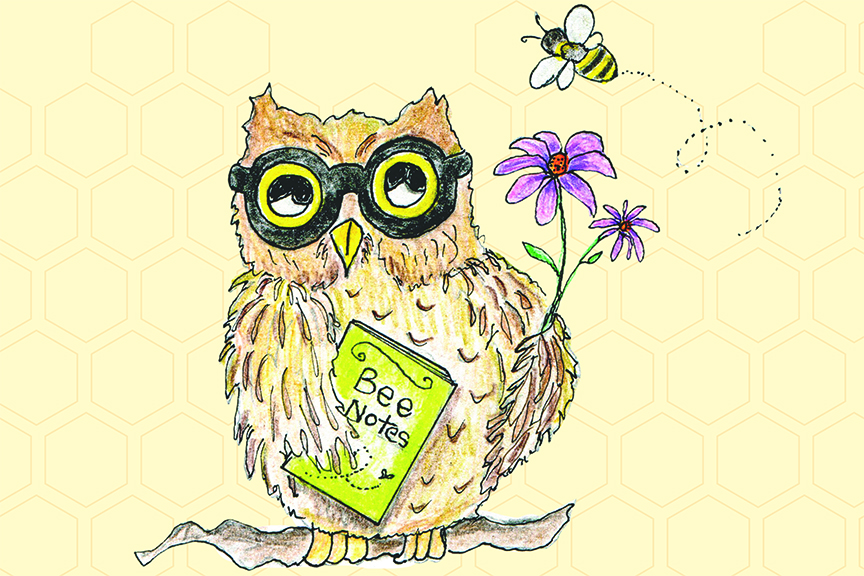 Drawing of an owl holding a book titled Bee Notes