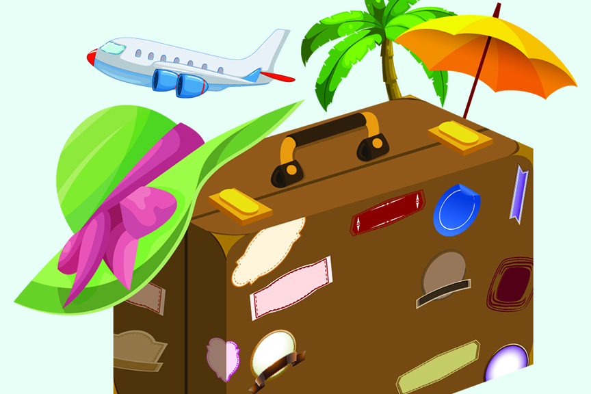Illustration depicts brown suitcase, beach-style hat, palm tree, beach umbrella and airplane