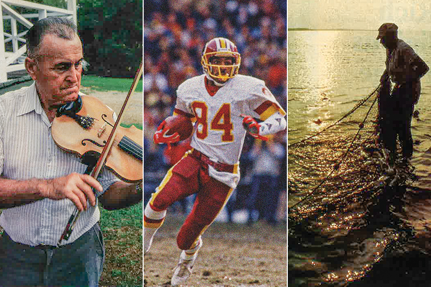 Three images show a man with violin, Gary Clark in Redskins jersey carrying the football during an NFL game, and the silhouette of a fisherman casting a net