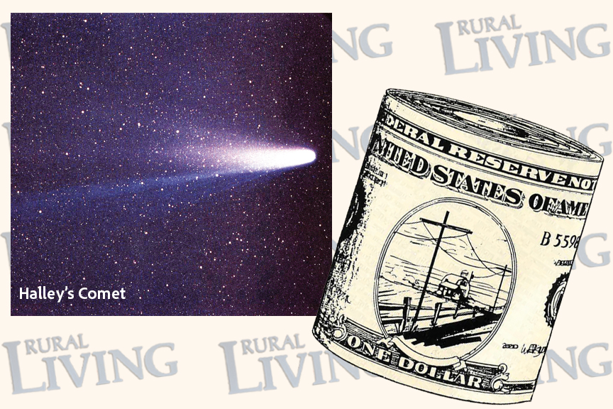 Illustratrion shows image of Halley's Comet, as well as illustration of dollar bill showing landscape with power lines 