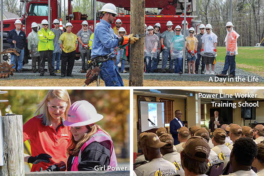 The top pane, captioned "Day in the Life," shows an instructor demonstrating techniques on a utility pole to a large group of students outdoors. The bottom-left pane, captioned "Girl Power," shows a female instructor guiding a female student in a pink hard hat. The bottom-right pane, captioned "Power Line Worker Training School," shows an indoor presentation to a full classroom of students in matching shirts and caps.
