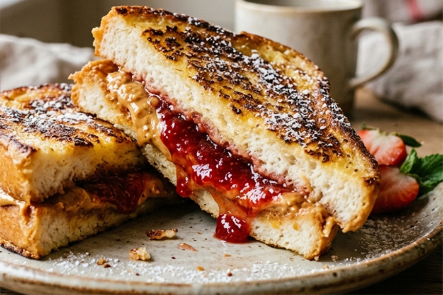 Generated image depicts a jam and peanut butter sandwich made with french toast