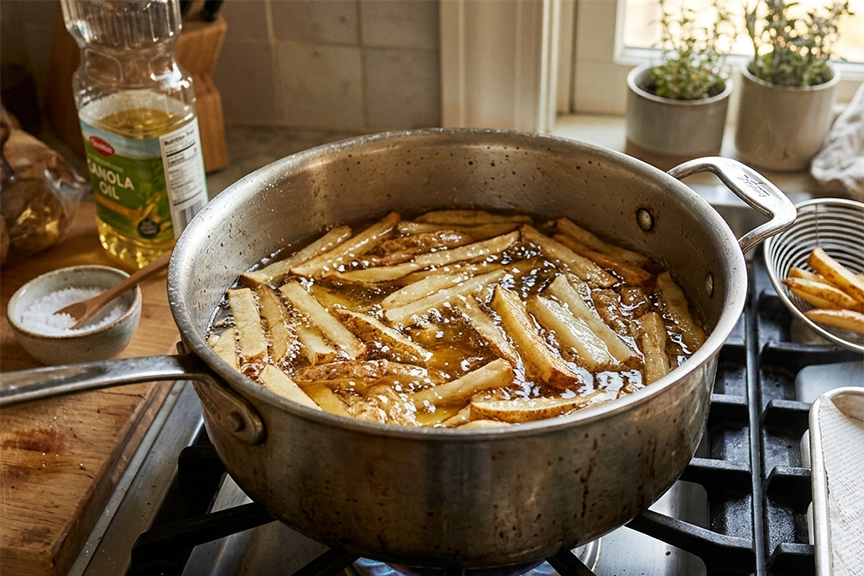 Generated image depicts sliced potatoes in oil on a stovetop