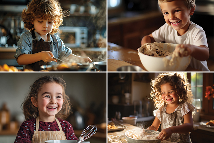 Image depicts four scenes of happy kids helping in the kitchen