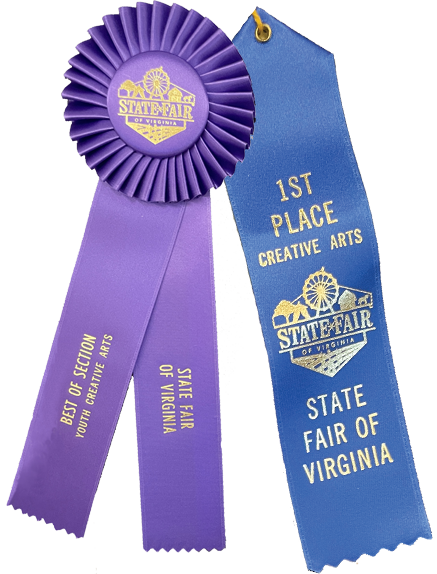 A purple best-in-show ribbon and a blue ribbon