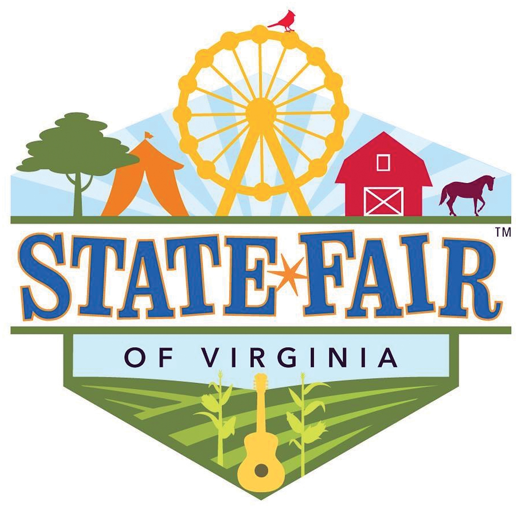 State Fair of Virginia logo, depicting tree, tent, ferris wheel, barn, livestock and guitar