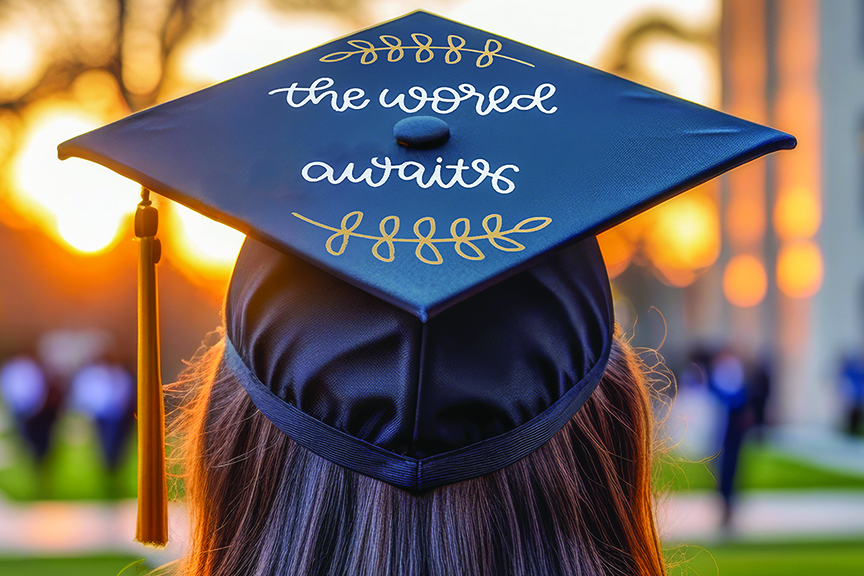 Image shows a graduate wearing a graduation cap with a tassel facing away from the camera, with