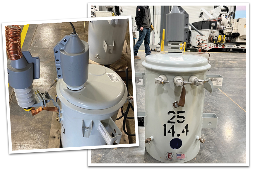 A composite graphic of two photographs showcasing a light gray ERMCO overhead distribution transformer in a warehouse setting, fitted with dark gray wildlife protection guards. The main photo on the right shows a front view of the cylindrical transformer stenciled with the numbers "25" and "14.4," featuring three low-voltage terminals on the front and a single high-voltage bushing on top completely covered by a protective plastic animal guard boot. The inset photo on the left provides a top-down, side-angle view of the same transformer setup, highlighting a second wildlife guard attached to an adjacent surge arrester components.
