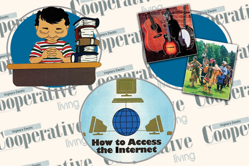 A collage on a background patterned with the "Cooperative Living" magazine logo. It features a cartoon of a boy sitting at a desk with his hands clasped next to a tall stack of books, alongside two overlapping photos: one showing stringed instruments (an acoustic guitar, mandolin, and banjo) and another showing Native American dancers in traditional regalia outdoors. Another graphic shows three computers linked to blue globe, representing the world wide web